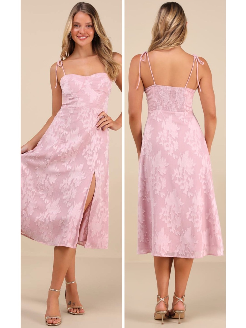 Lulus Loveliest Looks Blush Pink Floral Jacquard Tie-Strap Midi Dress Size Large